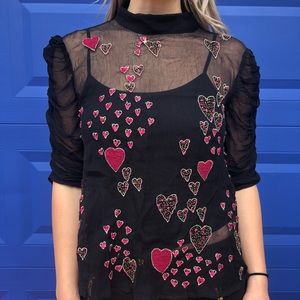 Free People sequin pink and gold hearts black top